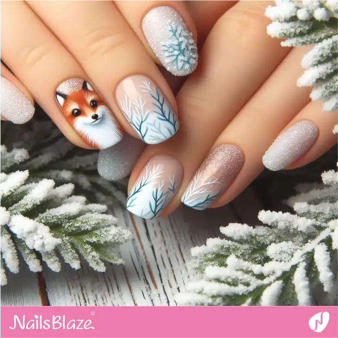 A Fox and Snow Sparkle Nail Design | Polar Wonders Nails - NB3146